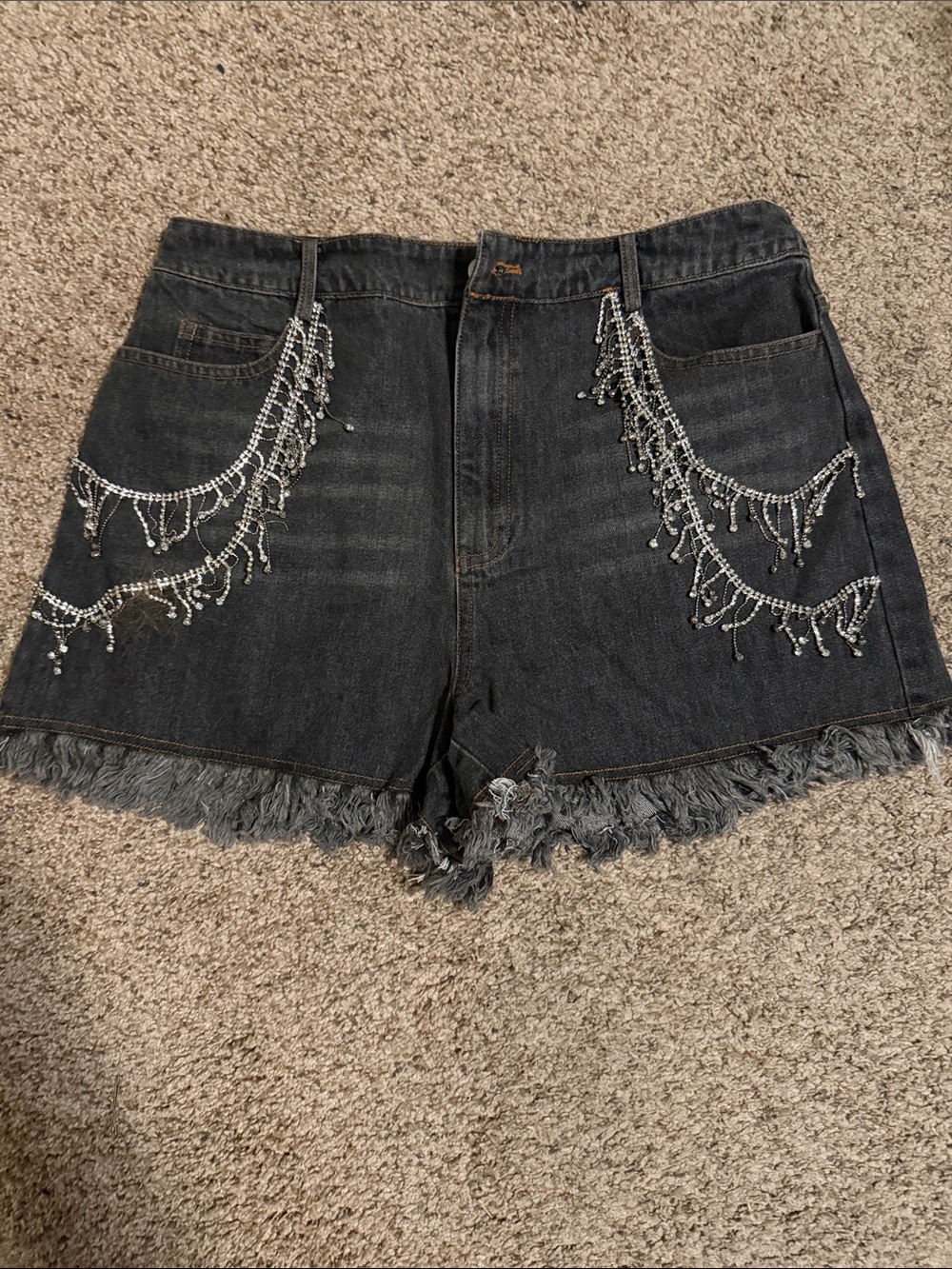 Pink Lily Black Denim Shorts with Beaded Fringe